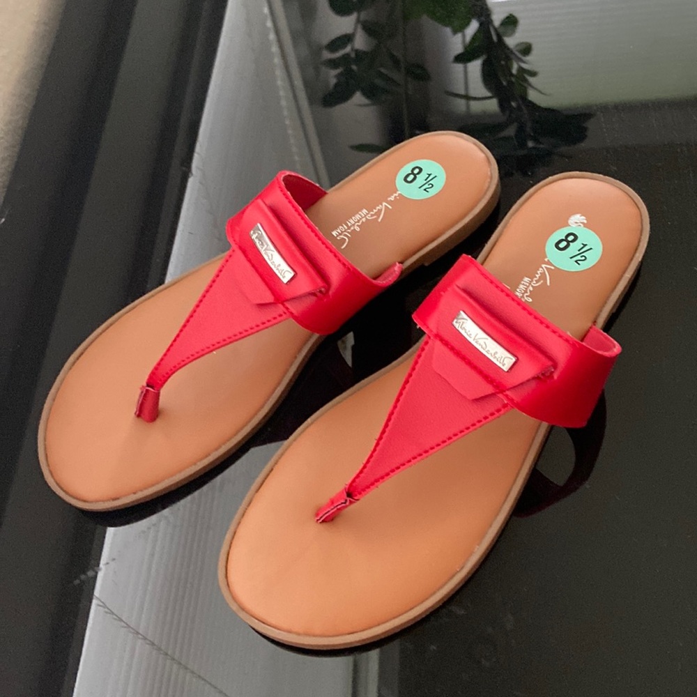 RED SLIP ON DRESSY THONG FLAT SANDALS